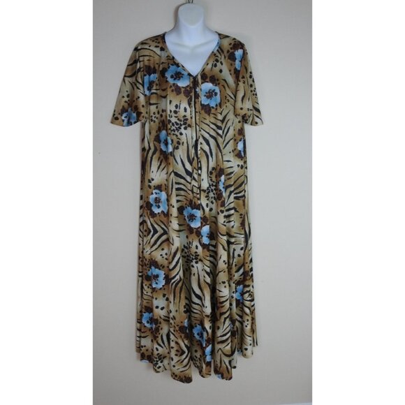 Lasting Comfort Dress USA Animal Print Blue Floral Maxi Lounge Katan Mumu XL - Picture 1 of 4
